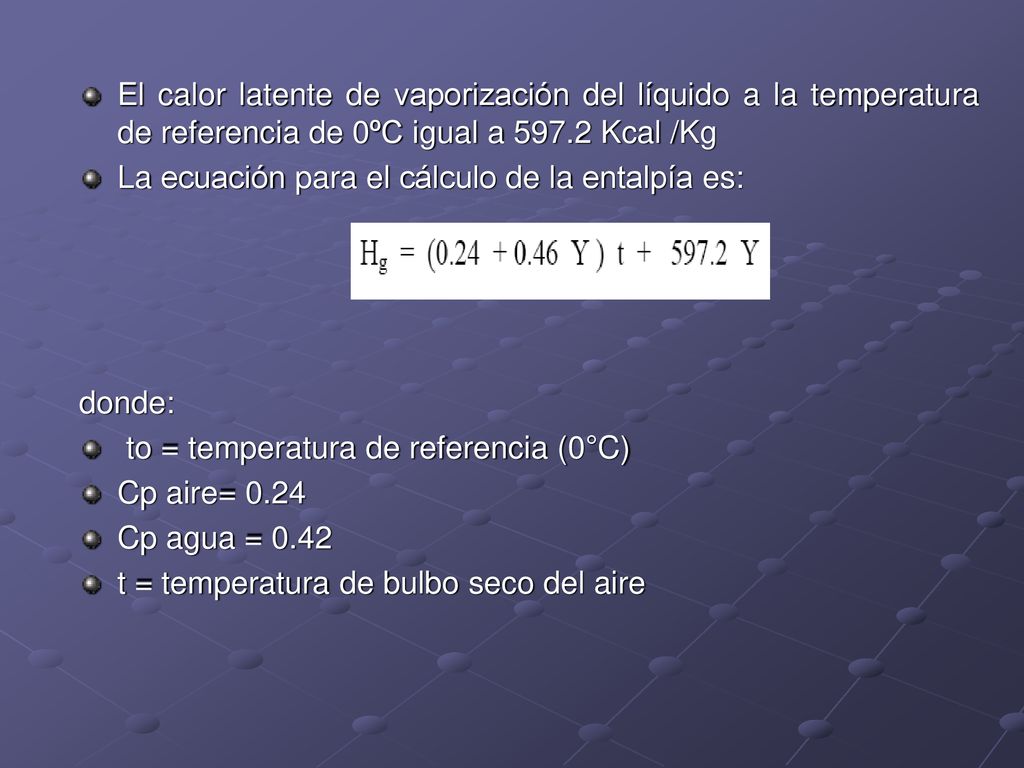 El calor latente de vaporización del líquido a la temperatura de referencia de 0ºC igual a Kcal /Kg