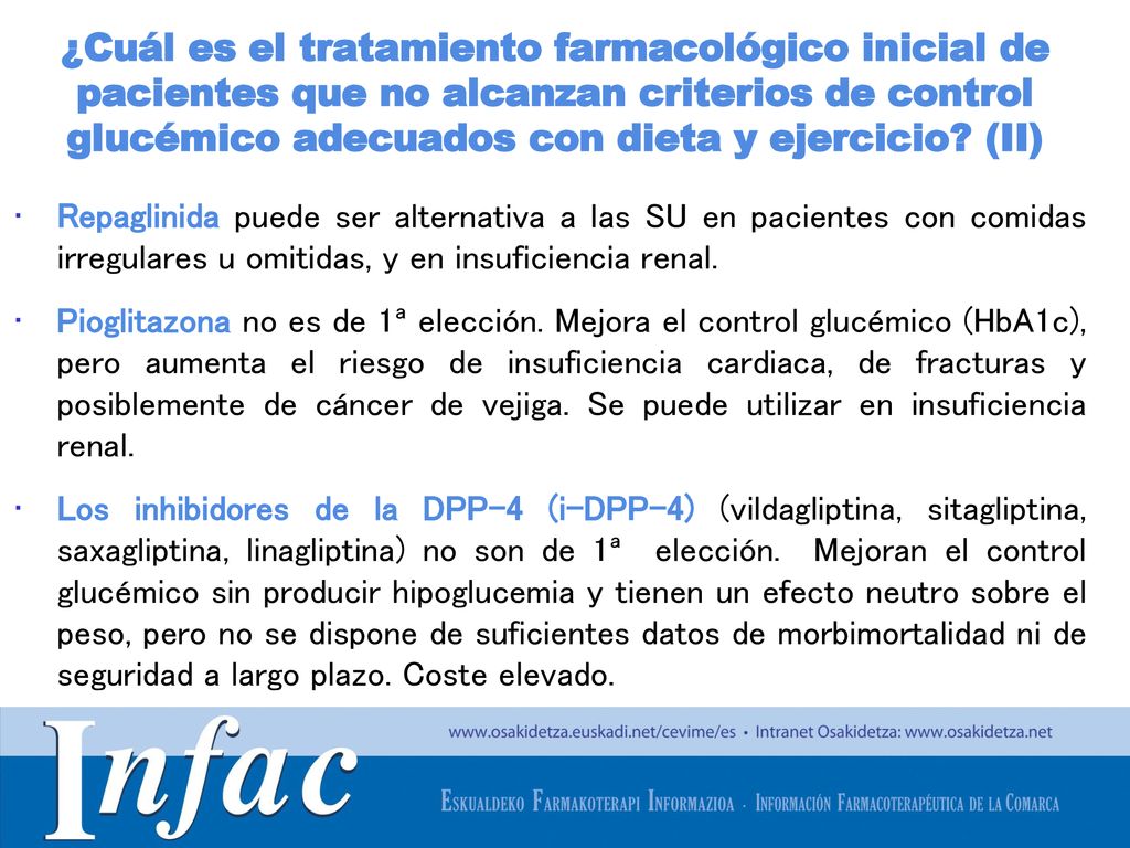 ¿Cuál es el tratamiento farmacológico inicial de pacientes que no alcanzan criterios de control glucémico adecuados con dieta y ejercicio (II)