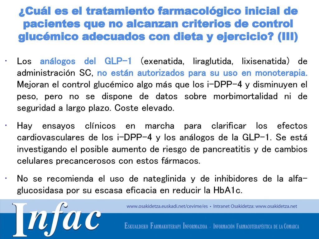 ¿Cuál es el tratamiento farmacológico inicial de pacientes que no alcanzan criterios de control glucémico adecuados con dieta y ejercicio (III)