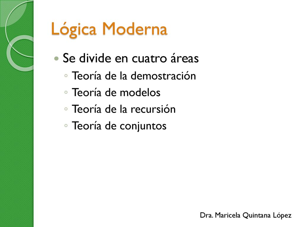 Lógica Moderna Se divide en cuatro áreas Teoría de la demostración