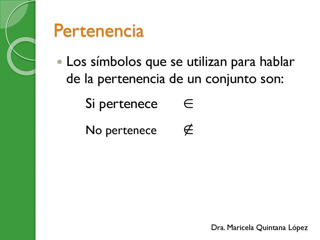 Pertenencia Los símbolos que se utilizan para hablar de la pertenencia de un conjunto son: Si pertenece 