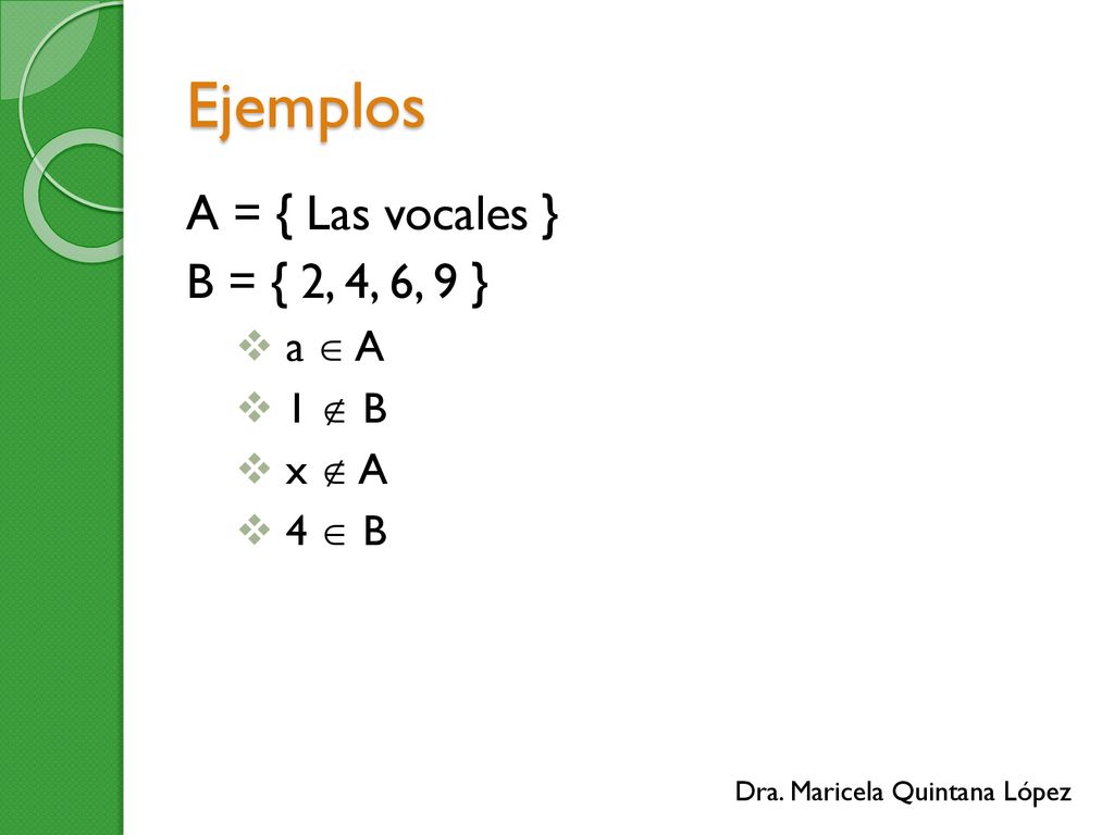 Ejemplos A = { Las vocales } B = { 2, 4, 6, 9 } a  A 1  B x  A
