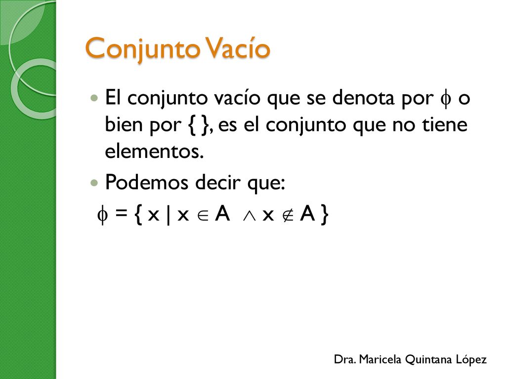 Conjunto Vacío El conjunto vacío que se denota por  o bien por { }, es el conjunto que no tiene elementos.