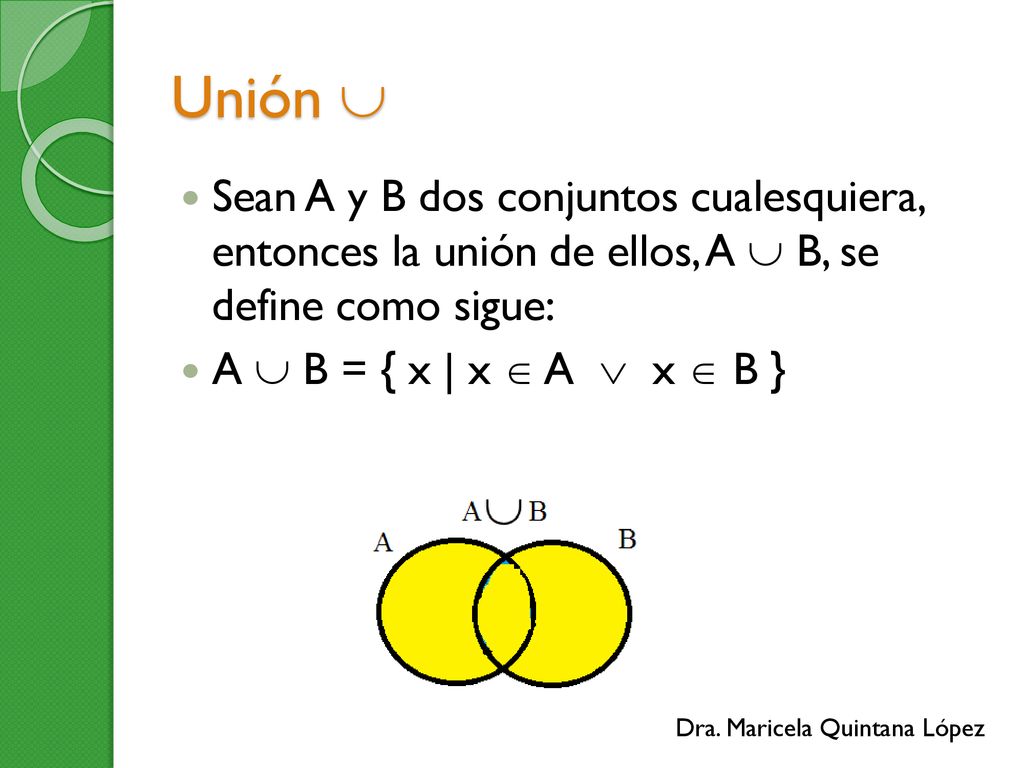 Unión  Sean A y B dos conjuntos cualesquiera, entonces la unión de ellos, A  B, se define como sigue: