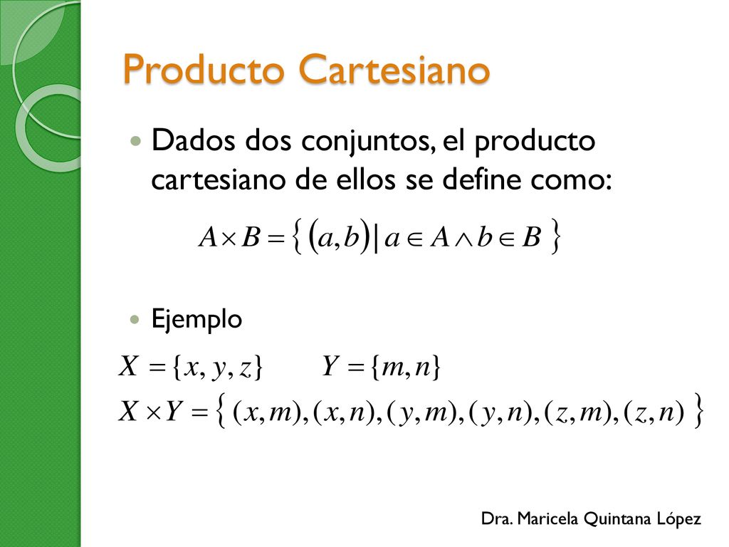 Producto Cartesiano Dados dos conjuntos, el producto cartesiano de ellos se define como: Ejemplo