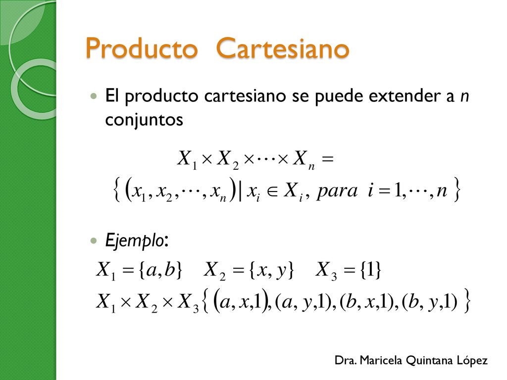Producto Cartesiano El producto cartesiano se puede extender a n conjuntos Ejemplo: