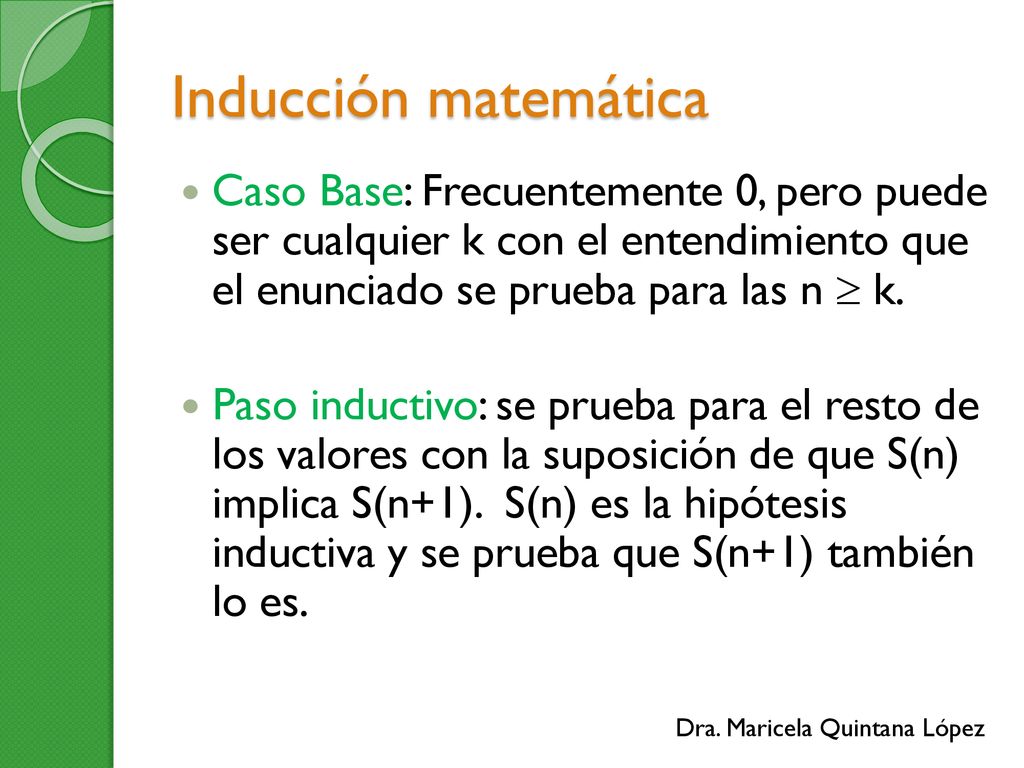 Inducción matemática Caso Base: Frecuentemente 0, pero puede ser cualquier k con el entendimiento que el enunciado se prueba para las n  k.