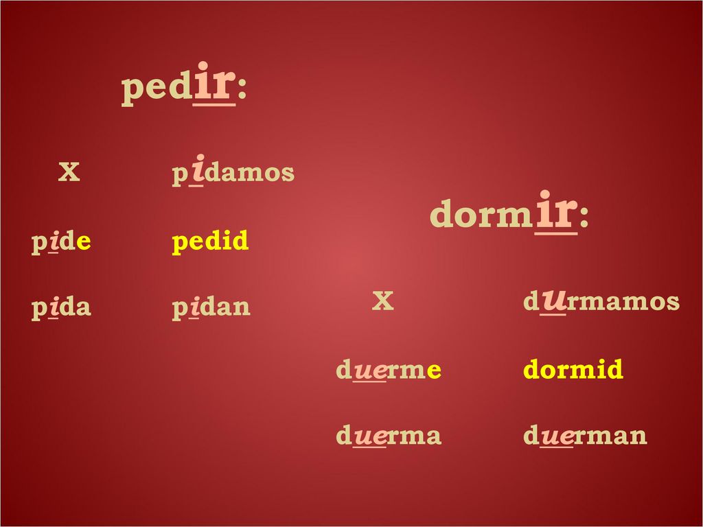 pedir: dormir: X pidamos pide pedid pida pidan X durmamos