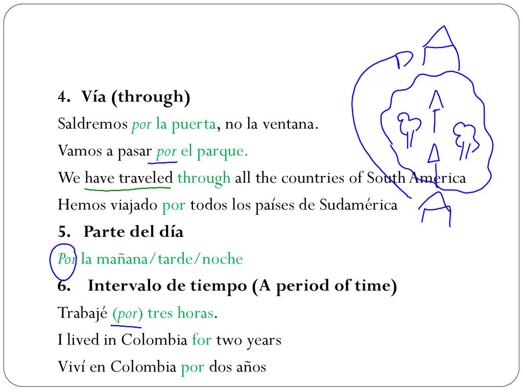 4. Vía (through) Saldremos por la puerta, no la ventana. Vamos a pasar por el parque. We have traveled through all the countries of South America.