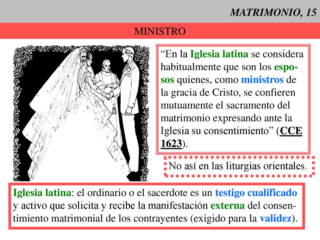 MATRIMONIO, 15 MINISTRO. En la Iglesia latina se considera. habitualmente que son los espo- sos quienes, como ministros de.
