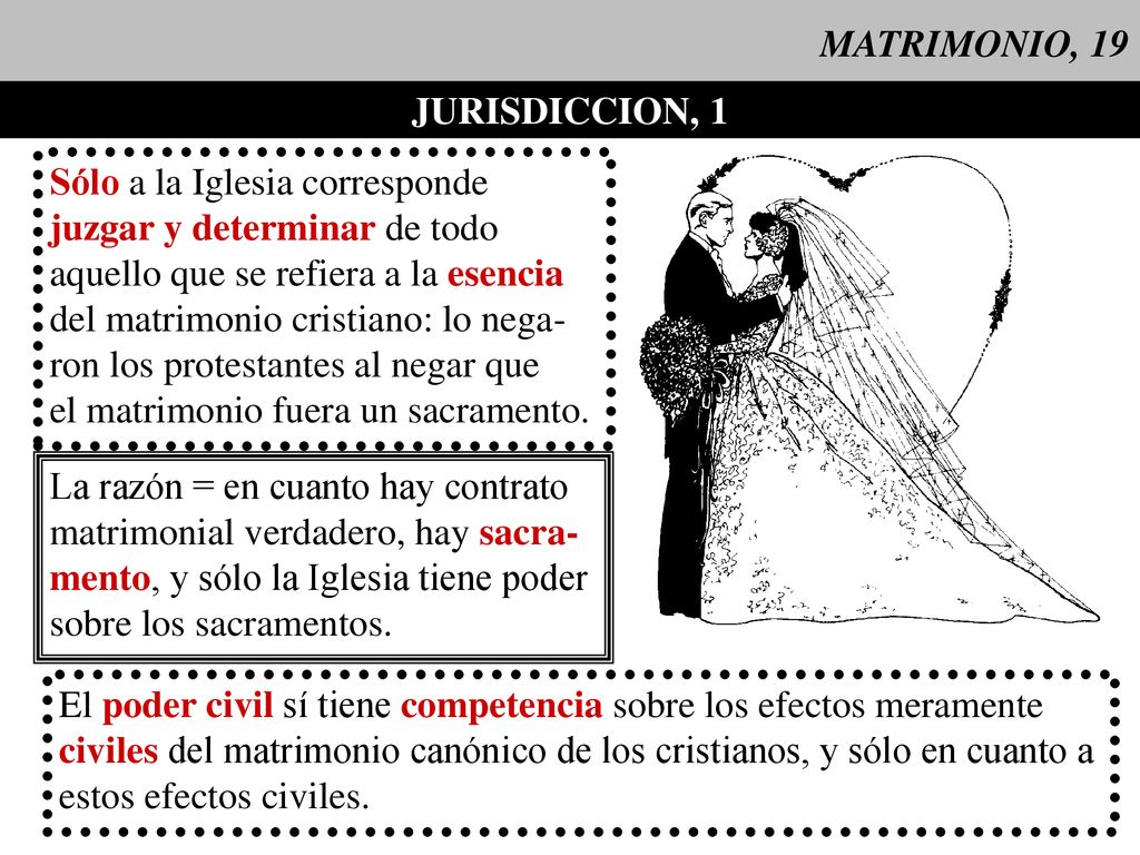 MATRIMONIO, 19 JURISDICCION, 1. Sólo a la Iglesia corresponde. juzgar y determinar de todo. aquello que se refiera a la esencia.