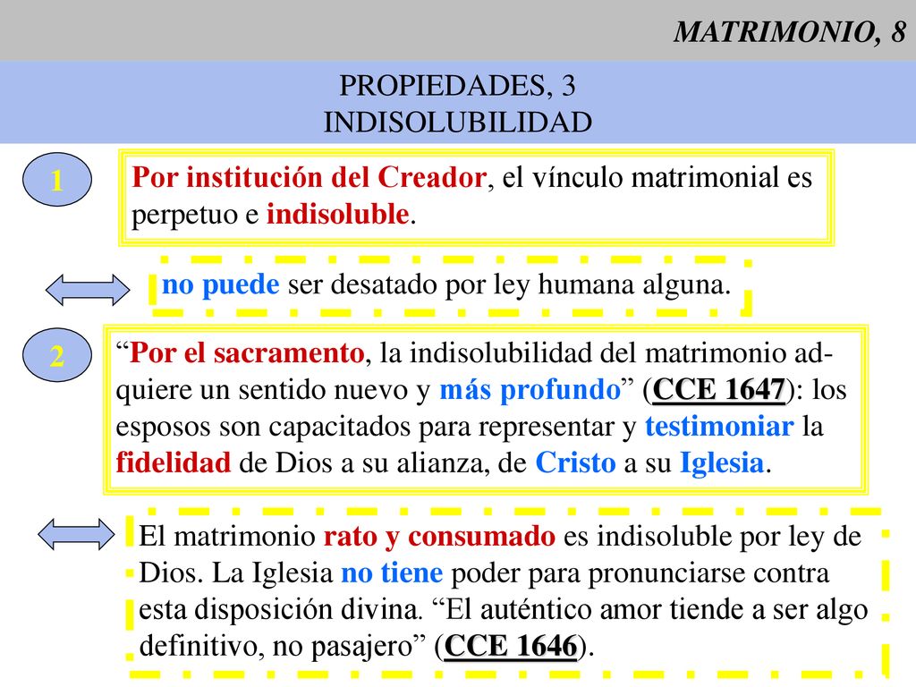 MATRIMONIO, 8 PROPIEDADES, 3. INDISOLUBILIDAD. 1. Por institución del Creador, el vínculo matrimonial es.