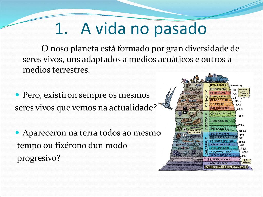 A vida no pasado O noso planeta está formado por gran diversidade de seres vivos, uns adaptados a medios acuáticos e outros a medios terrestres.