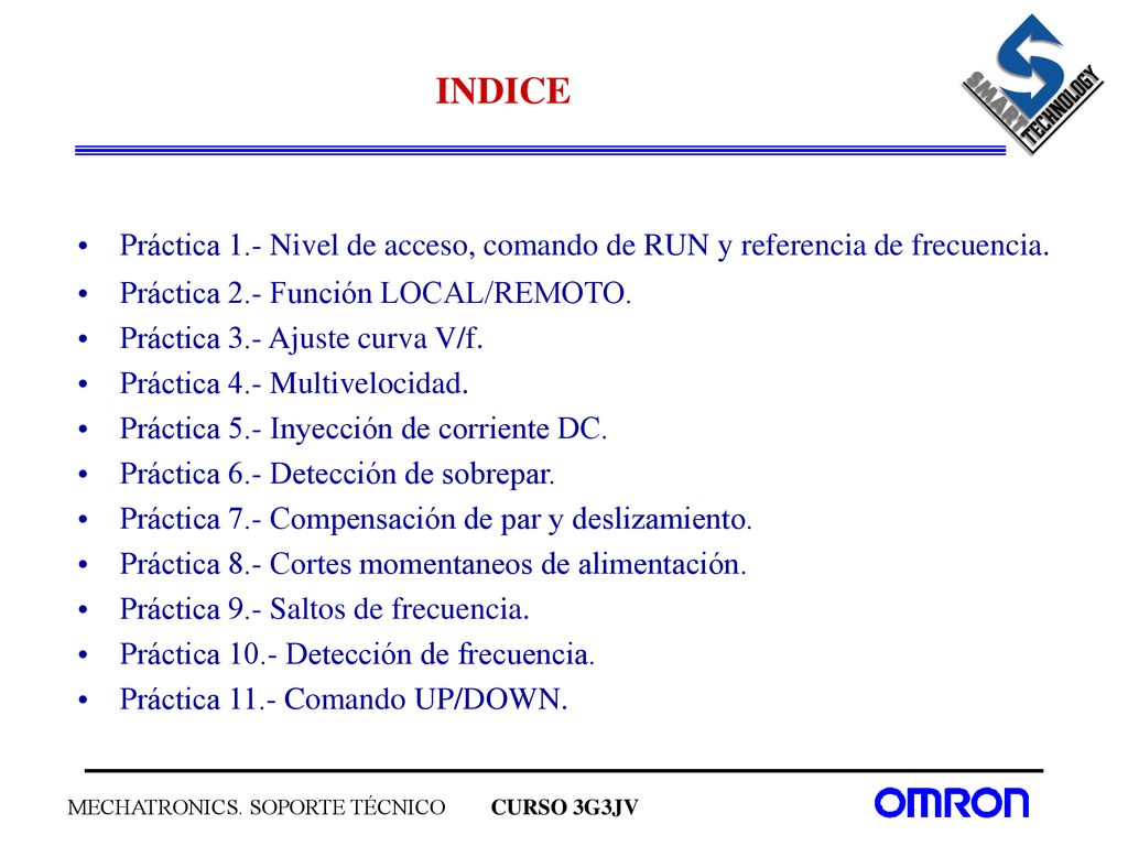 INDICE Práctica 1.- Nivel de acceso, comando de RUN y referencia de frecuencia. Práctica 2.- Función LOCAL/REMOTO.