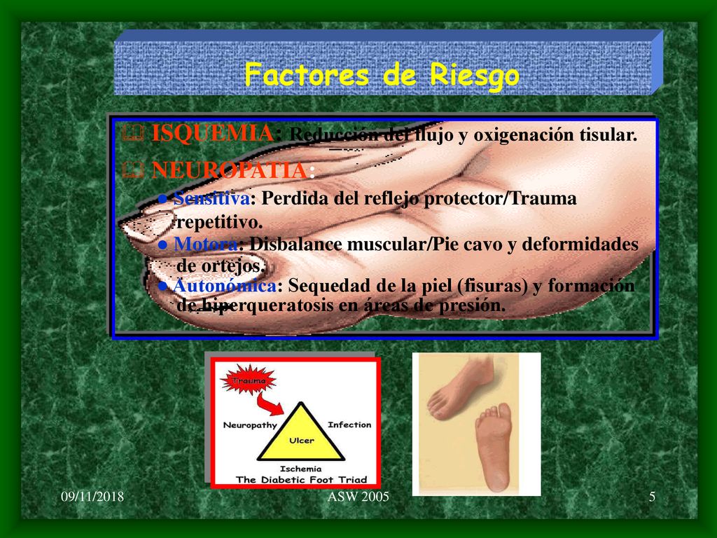 Factores de Riesgo ISQUEMIA: Reducción del flujo y oxigenación tisular. NEUROPATIA: Sensitiva: Perdida del reflejo protector/Trauma.