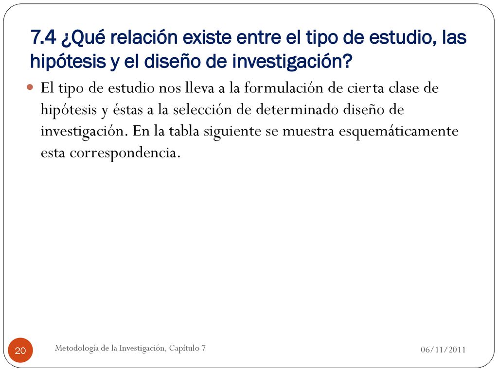 7.4 ¿Qué relación existe entre el tipo de estudio, las hipótesis y el diseño de investigación