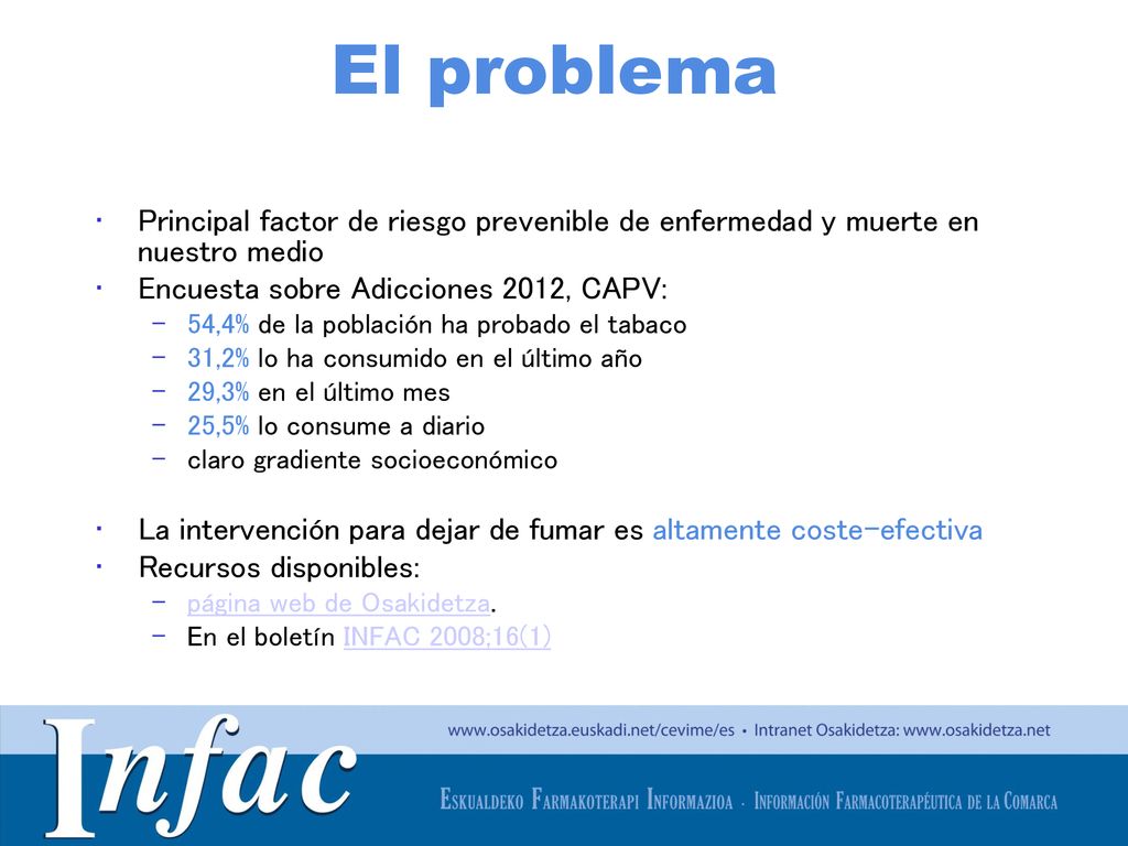 El problema Principal factor de riesgo prevenible de enfermedad y muerte en nuestro medio. Encuesta sobre Adicciones 2012, CAPV: