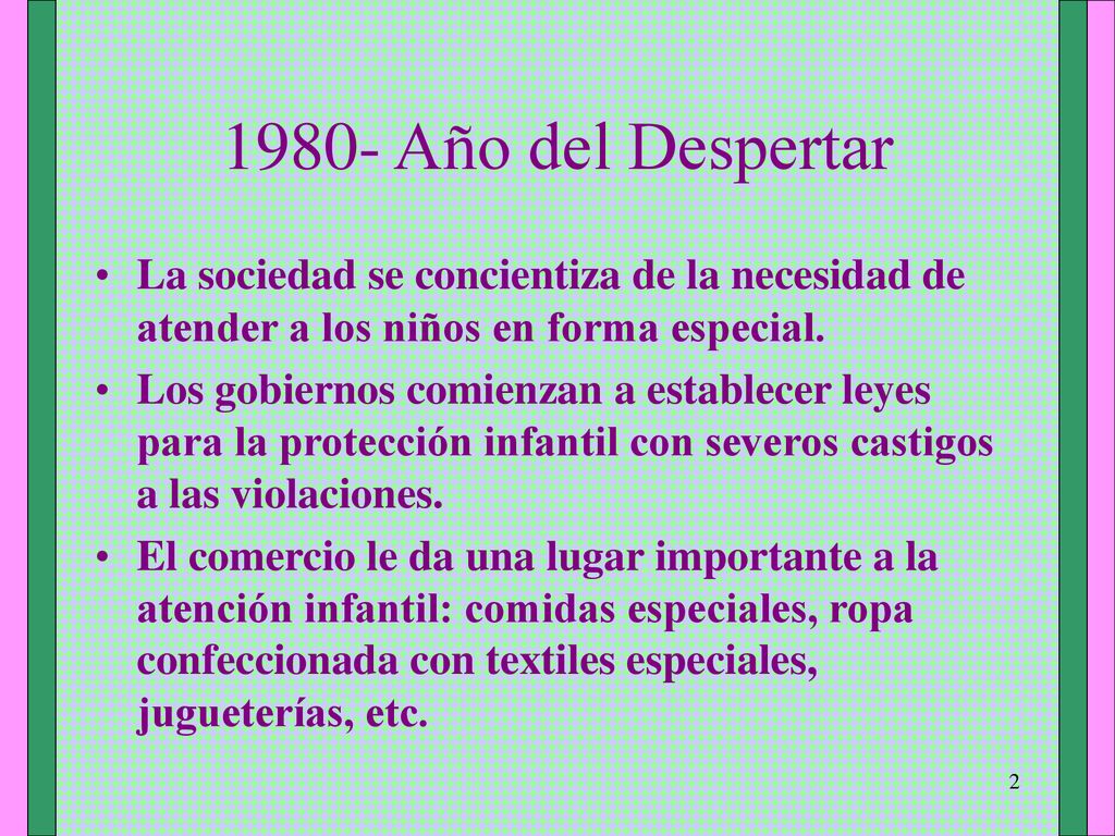 1980- Año del Despertar La sociedad se concientiza de la necesidad de atender a los niños en forma especial.