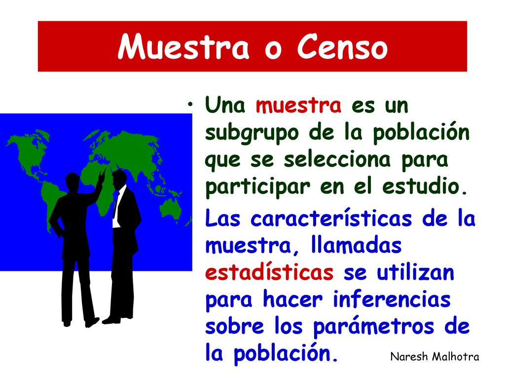 Muestra o Censo Una muestra es un subgrupo de la población que se selecciona para participar en el estudio.