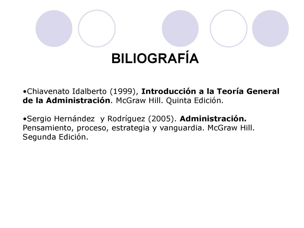 BILIOGRAFÍA Chiavenato Idalberto (1999), Introducción a la Teoría General de la Administración. McGraw Hill. Quinta Edición.