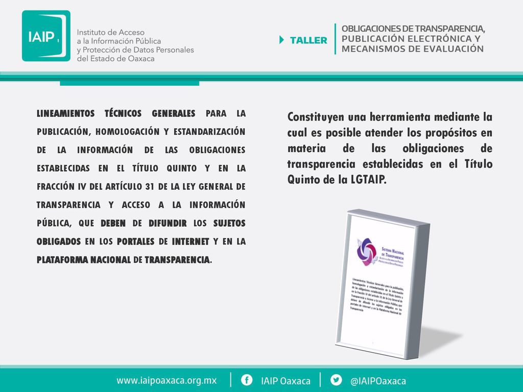 Lineamientos Técnicos Generales para la publicación, homologación y estandarización de la información de las obligaciones establecidas en el Título Quinto y en la fracción IV del artículo 31 de la Ley General de Transparencia y Acceso a la Información Pública, que deben de difundir los sujetos obligados en los portales de Internet y en la Plataforma Nacional de Transparencia.