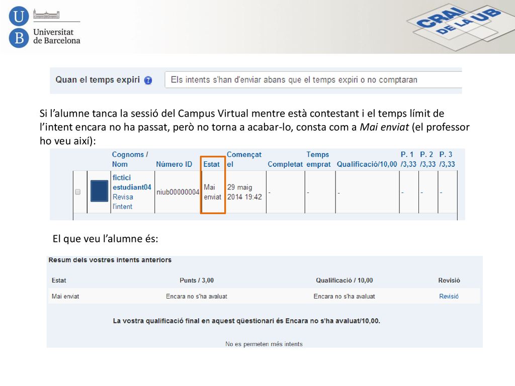 Si l’alumne tanca la sessió del Campus Virtual mentre està contestant i el temps límit de l’intent encara no ha passat, però no torna a acabar-lo, consta com a Mai enviat (el professor ho veu així):