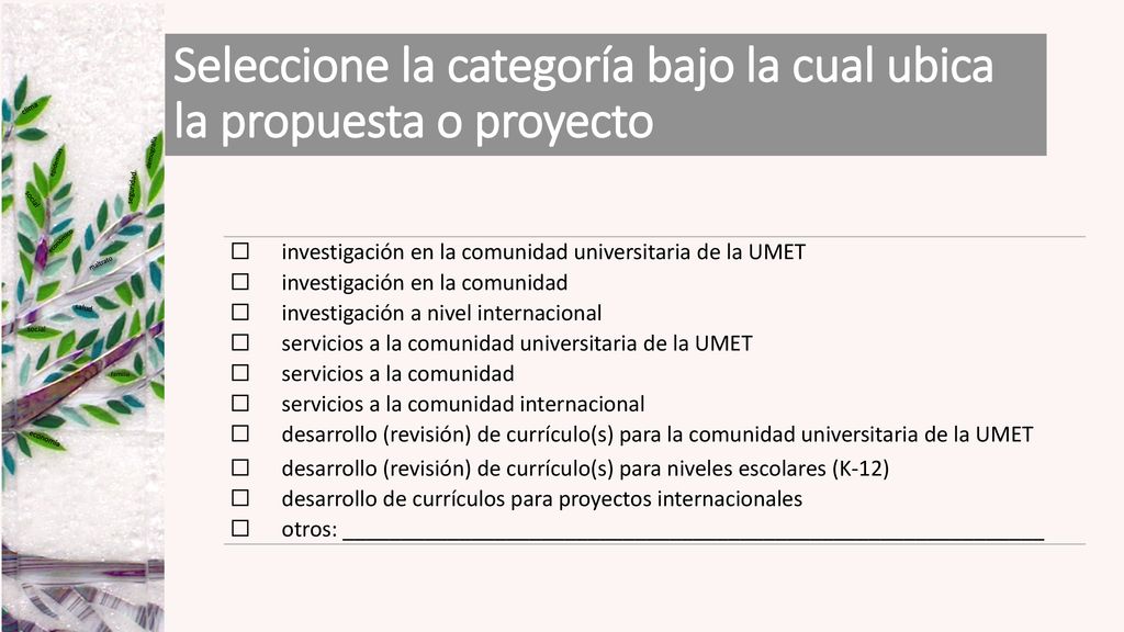Seleccione la categoría bajo la cual ubica la propuesta o proyecto