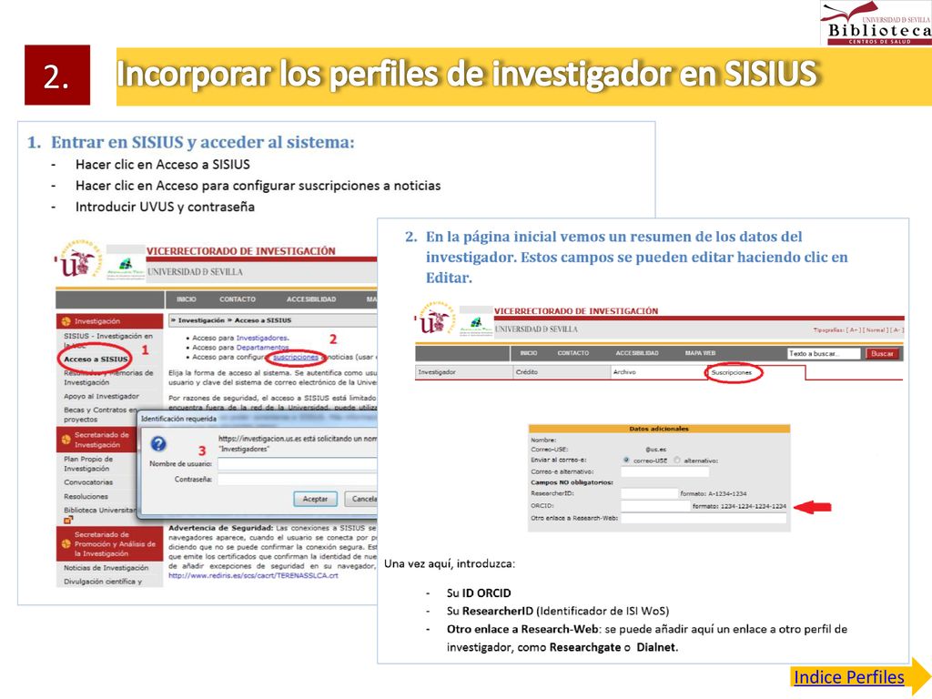 Incorporar los perfiles de investigador en SISIUS
