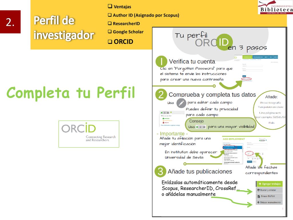 Completa tu Perfil Perfil de investigador 2. Ventajas ORCID
