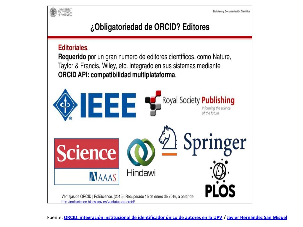Fuente: ORCID, integración institucional de identificador único de autores en la UPV / Javier Hernández San Miguel