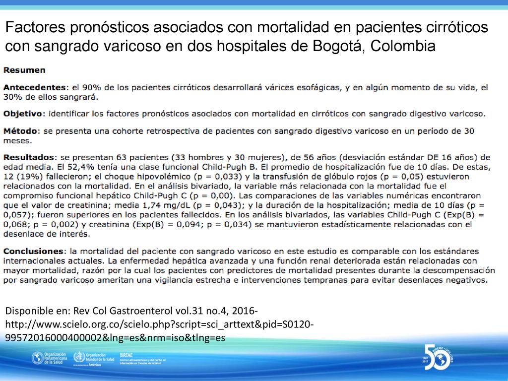 Factores pronósticos asociados con mortalidad en pacientes cirróticos con sangrado varicoso en dos hospitales de Bogotá, Colombia