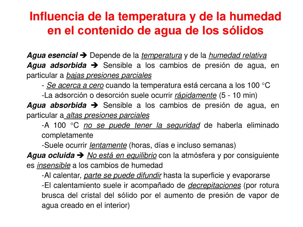 Influencia de la temperatura y de la humedad en el contenido de agua de los sólidos