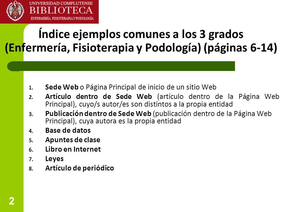 Índice ejemplos comunes a los 3 grados (Enfermería, Fisioterapia y Podología) (páginas 6-14)