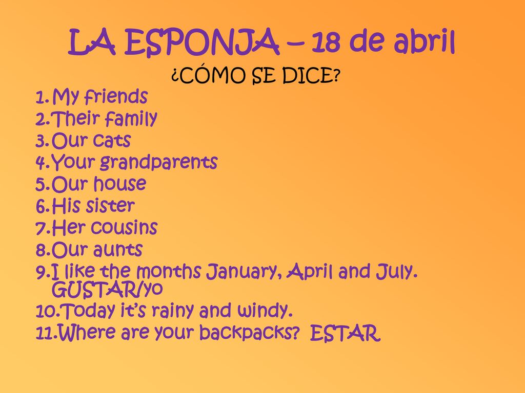 LA ESPONJA – 18 de abril ¿CÓMO SE DICE My friends Their family
