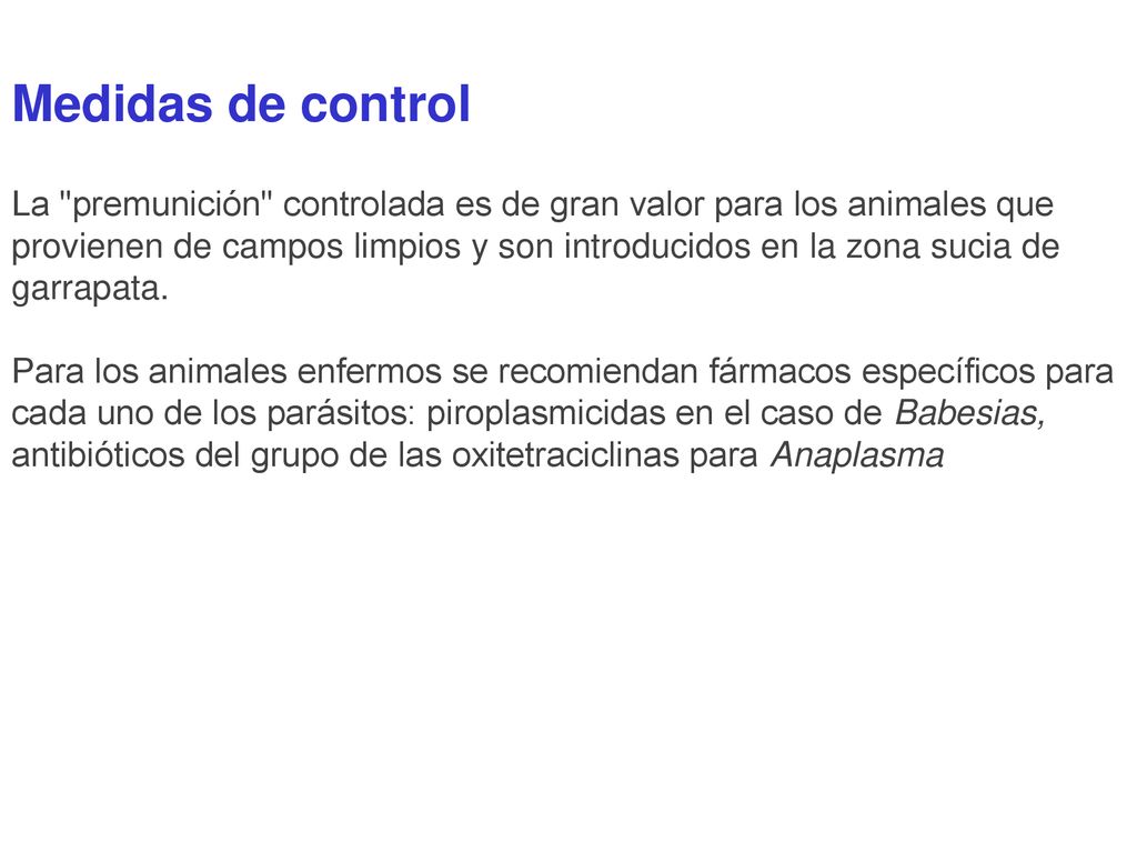 Medidas de control La premunición controlada es de gran valor para los animales que provienen de campos limpios y son introducidos en la zona sucia de garrapata.