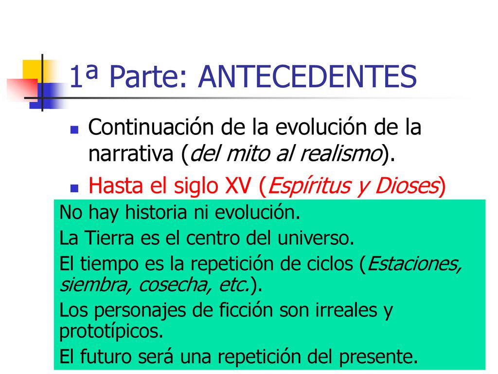 1ª Parte: ANTECEDENTES Continuación de la evolución de la narrativa (del mito al realismo). Hasta el siglo XV (Espíritus y Dioses)