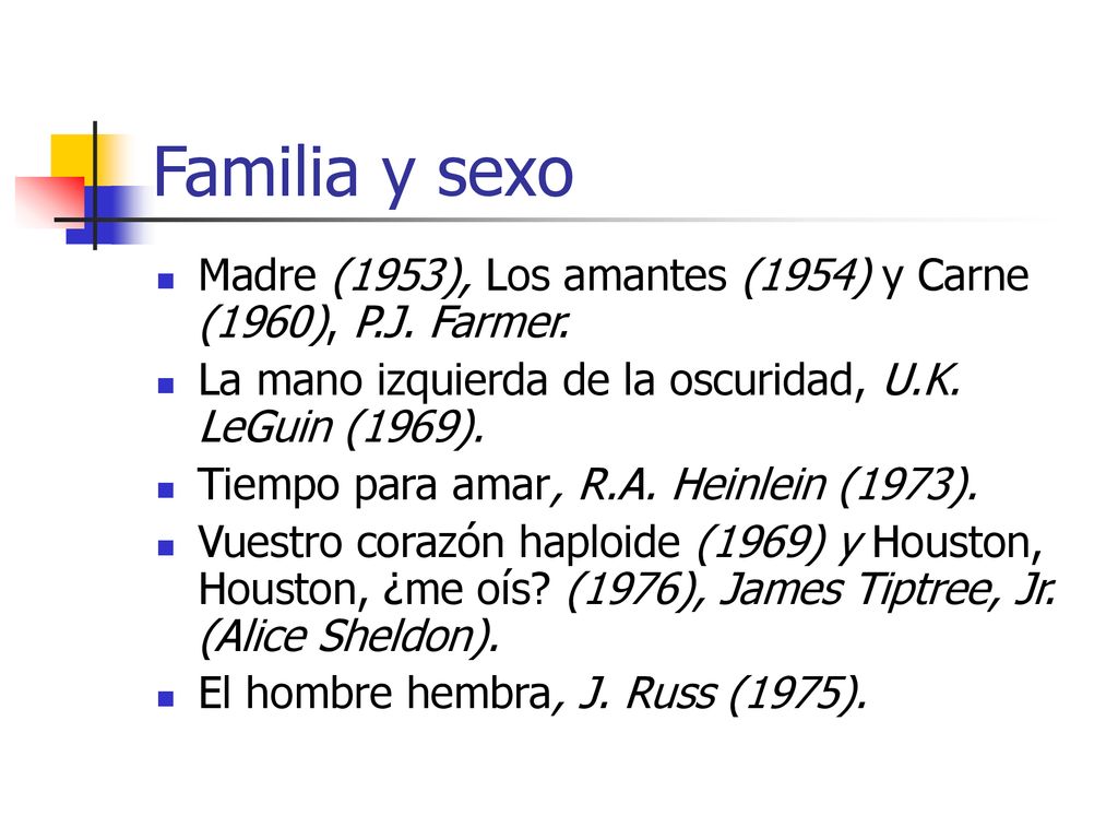 Familia y sexo Madre (1953), Los amantes (1954) y Carne (1960), P.J. Farmer. La mano izquierda de la oscuridad, U.K. LeGuin (1969).