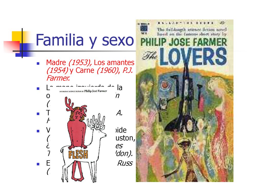 Familia y sexo Madre (1953), Los amantes (1954) y Carne (1960), P.J. Farmer. La mano izquierda de la oscuridad, U.K. LeGuin (1969).