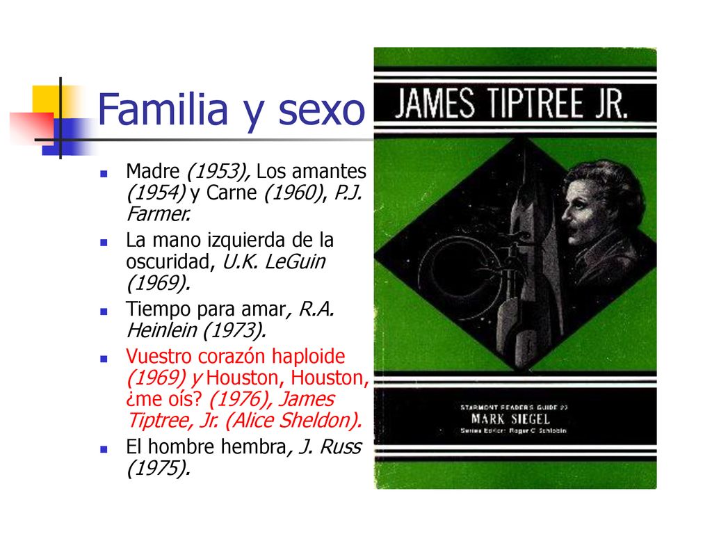 Familia y sexo Madre (1953), Los amantes (1954) y Carne (1960), P.J. Farmer. La mano izquierda de la oscuridad, U.K. LeGuin (1969).
