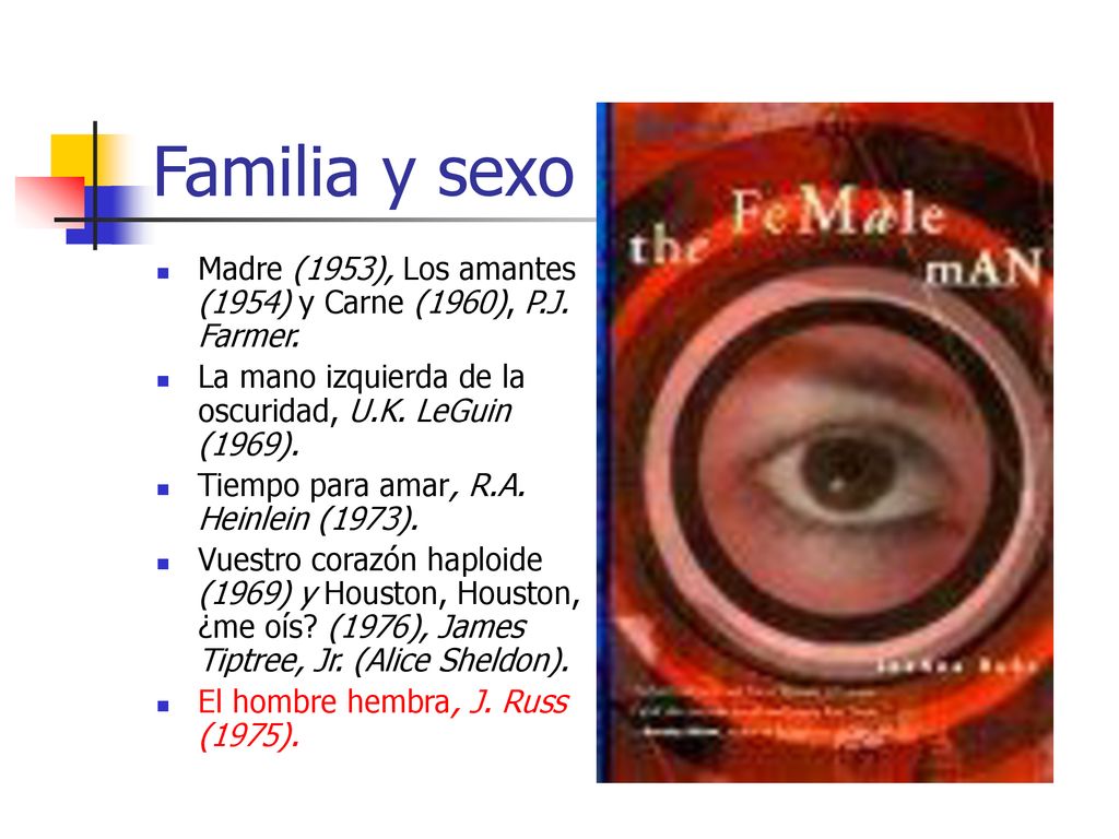 Familia y sexo Madre (1953), Los amantes (1954) y Carne (1960), P.J. Farmer. La mano izquierda de la oscuridad, U.K. LeGuin (1969).
