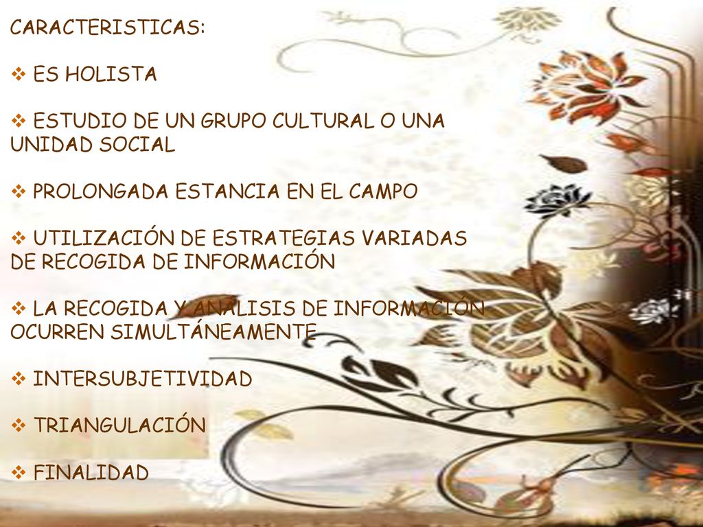CARACTERISTICAS: ES HOLISTA. ESTUDIO DE UN GRUPO CULTURAL O UNA UNIDAD SOCIAL. PROLONGADA ESTANCIA EN EL CAMPO.