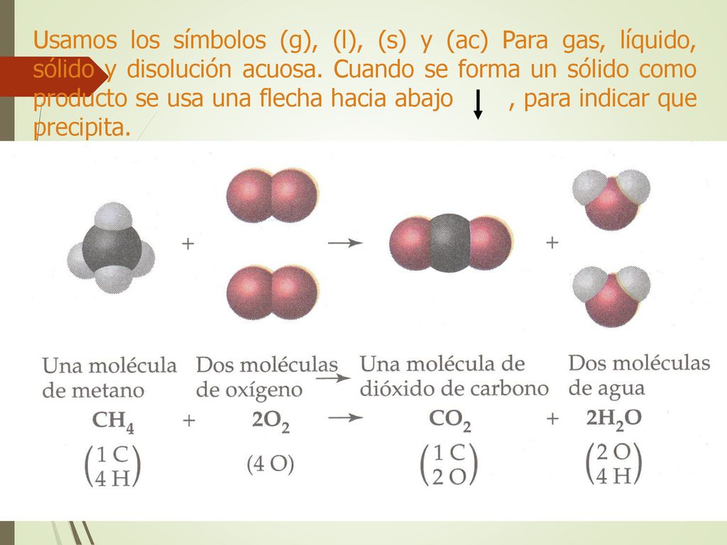 Usamos los símbolos (g), (l), (s) y (ac) Para gas, líquido, sólido y disolución acuosa.