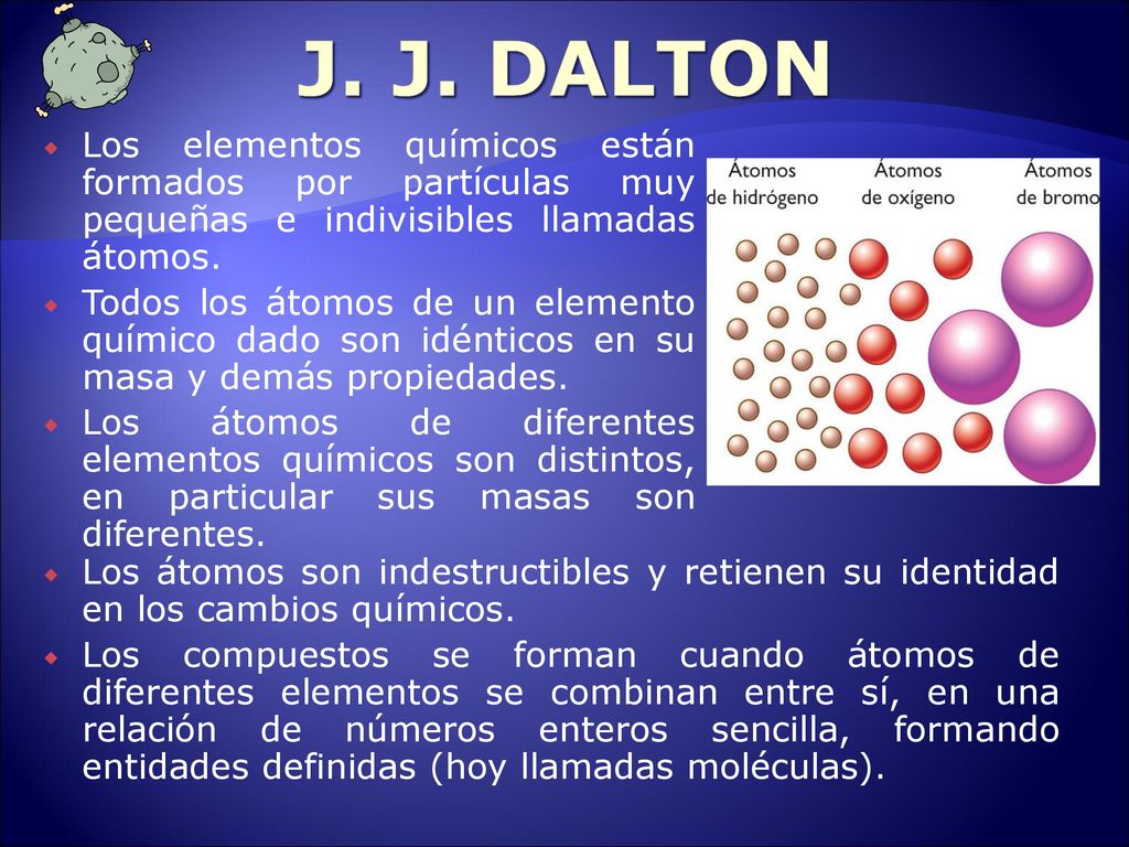 J. J. DALTON Los elementos químicos están formados por partículas muy pequeñas e indivisibles llamadas átomos.