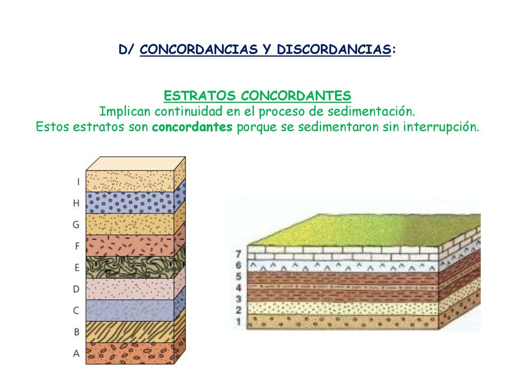D/ CONCORDANCIAS Y DISCORDANCIAS: ESTRATOS CONCORDANTES Implican continuidad en el proceso de sedimentación.