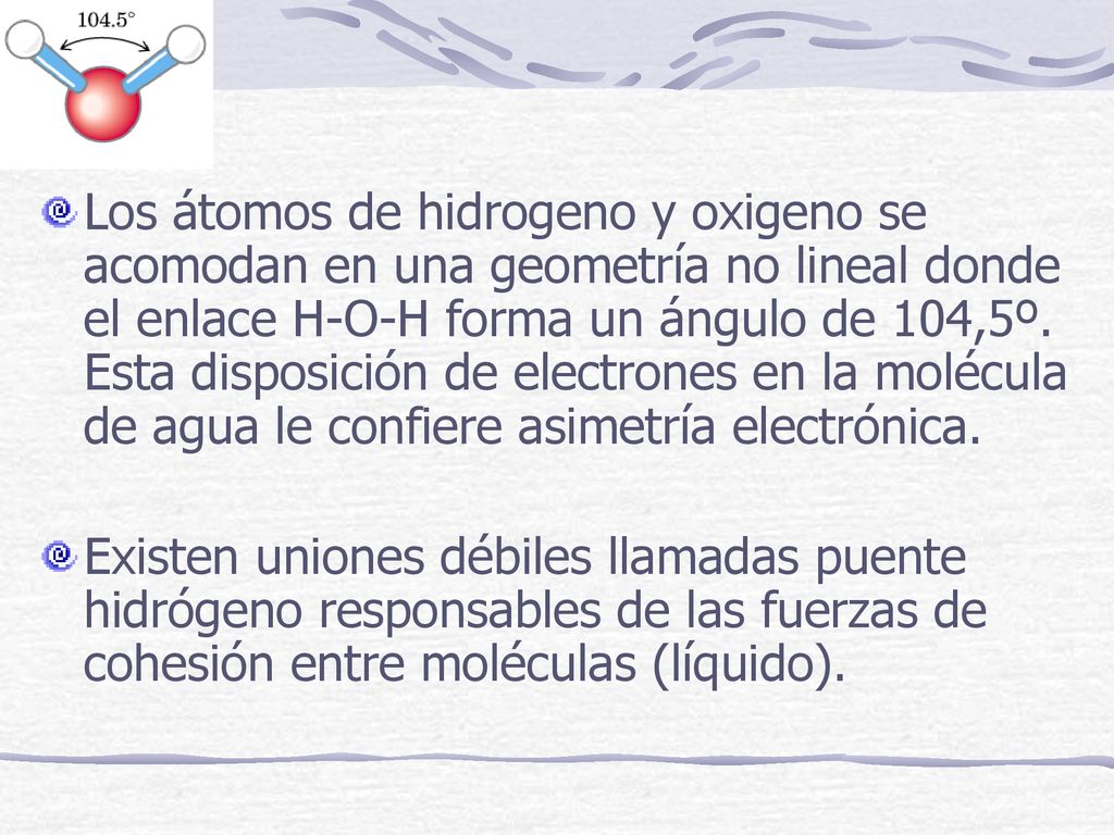 Los átomos de hidrogeno y oxigeno se acomodan en una geometría no lineal donde el enlace H-O-H forma un ángulo de 104,5º. Esta disposición de electrones en la molécula de agua le confiere asimetría electrónica.