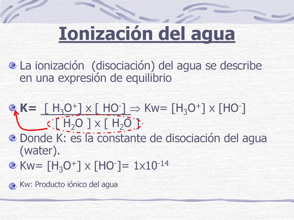 Ionización del agua La ionización (disociación) del agua se describe en una expresión de equilibrio.