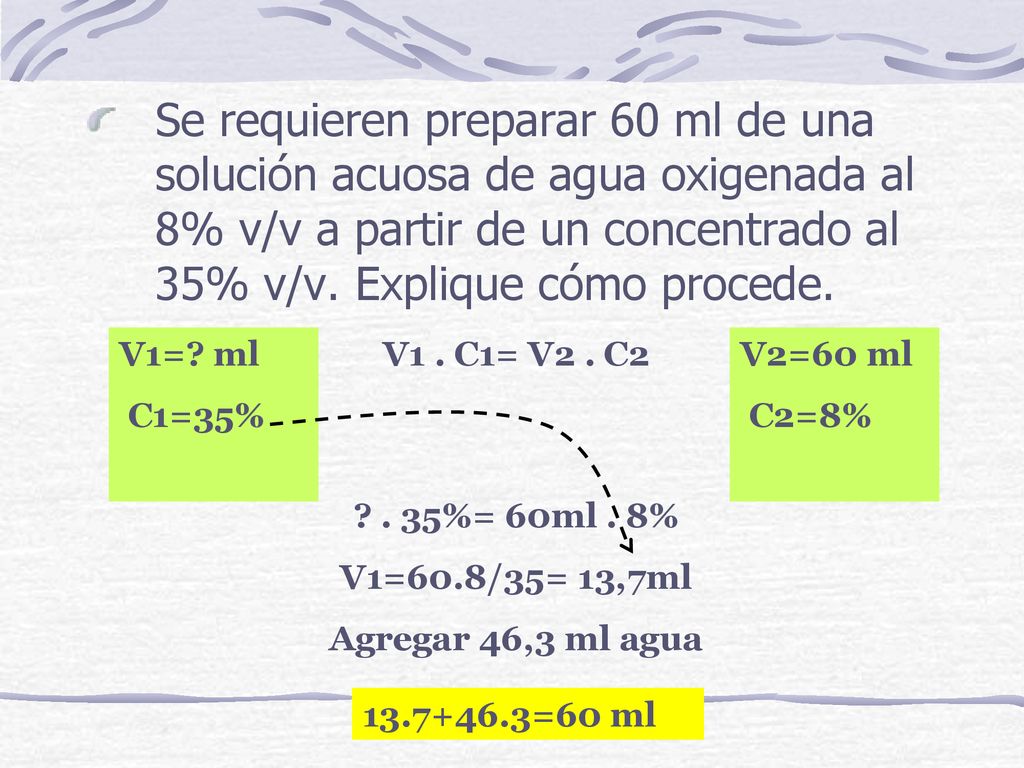 Se requieren preparar 60 ml de una solución acuosa de agua oxigenada al 8% v/v a partir de un concentrado al 35% v/v. Explique cómo procede.