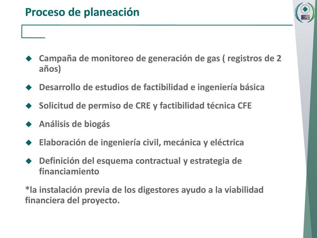 Proceso de planeación Campaña de monitoreo de generación de gas ( registros de 2 años) Desarrollo de estudios de factibilidad e ingeniería básica.