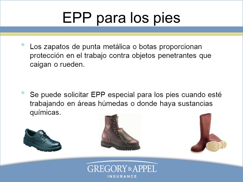 EPP para los pies Los zapatos de punta metálica o botas proporcionan protección en el trabajo contra objetos penetrantes que caigan o rueden.