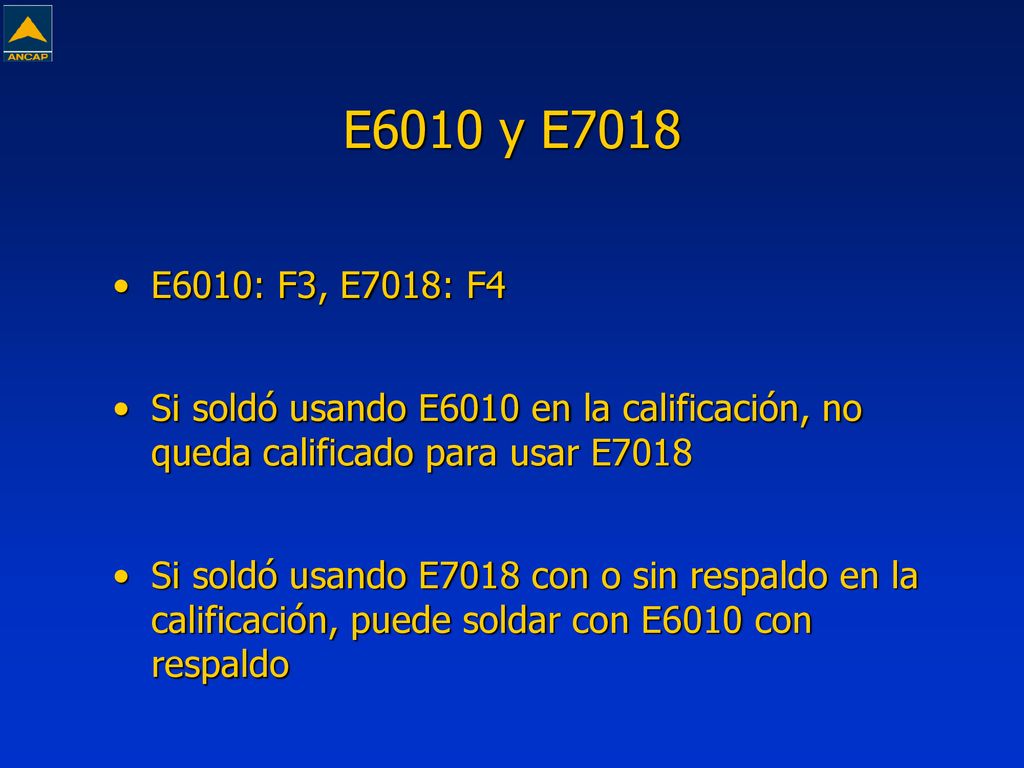 E6010 y E7018 E6010: F3, E7018: F4. Si soldó usando E6010 en la calificación, no queda calificado para usar E7018.
